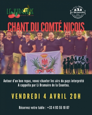 Vendredi 4 avril, 20h, Restaurant Le Virginie  Chant du Comté niçois au Virginie
